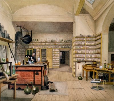 Michael Faraday (1791-1867) in seinem Kellerlabor, 1852 von Harriet Jane Moore